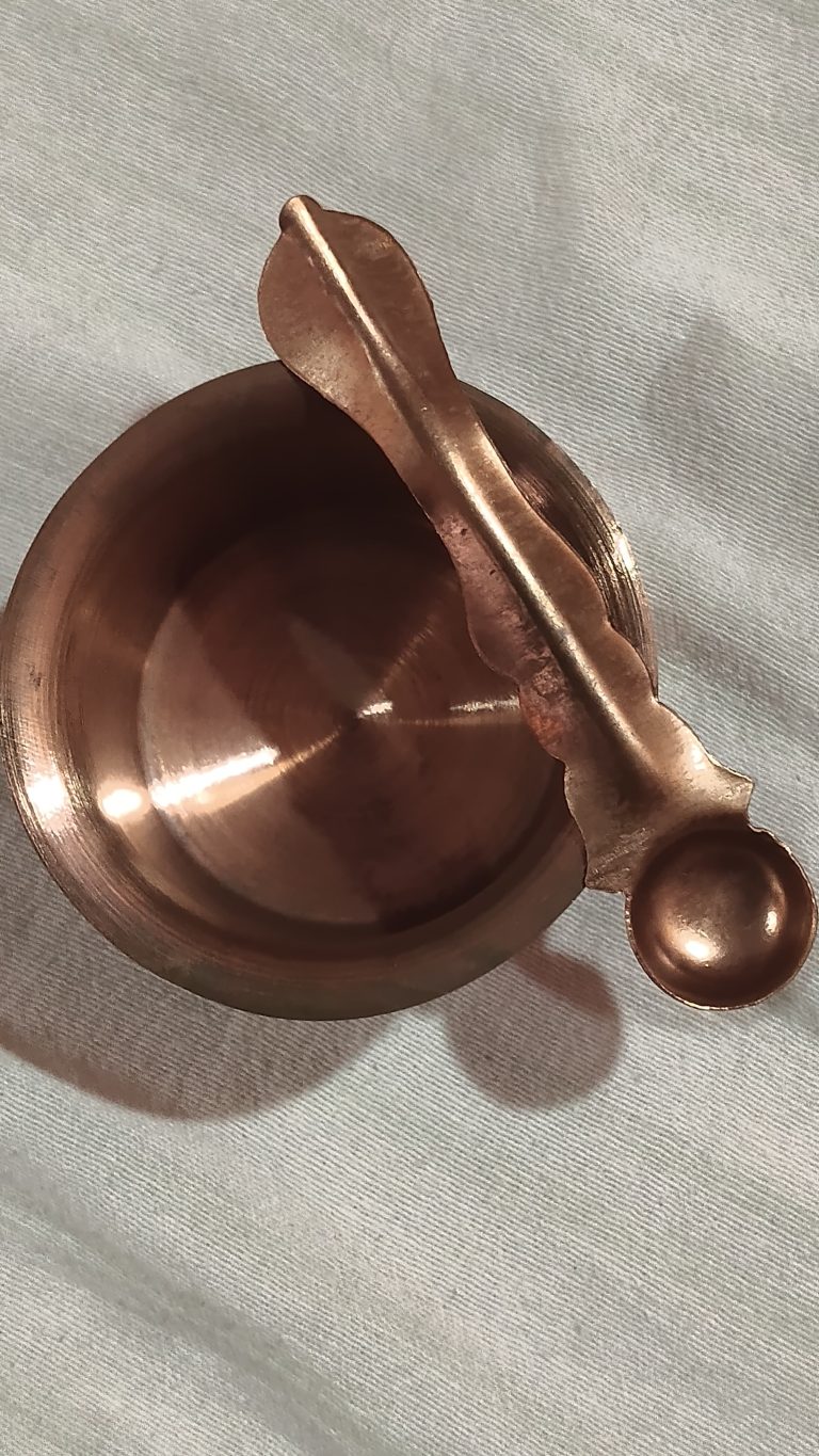 Copper Finish Panchpatra with Spoon – Traditional Puja Bowl Set
