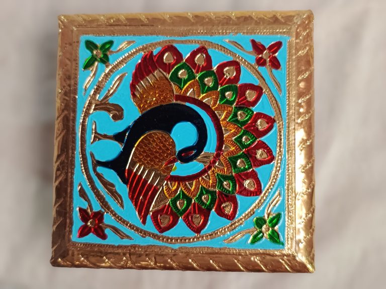 Meenakari Wooden Seat - Pooja Chowki ( peackock)